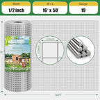 Hardware Cloth 1/2 inch 16in x 50ft 19 Gauge, Hot-dip Galvanized After Welding Chicken Wire Mesh Roll Garden Plant Welded Metal Wire Fencing Roll, Rabbit Cages Snake Fence