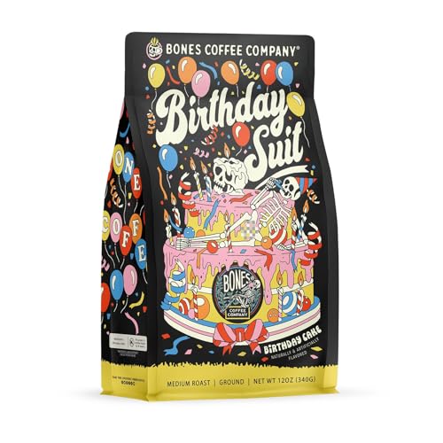 Bones Coffee Company Birthday Suit Flavored Coffee Beans, Medium Roast Ground Coffee Low Acid, Birthday Cake Flavor (12 oz)