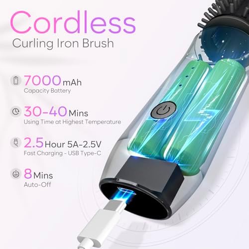 Cordless Curling Iron Brush, 2024 New Portable Travel Curling Iron Mini Brush for Women, 7000Mah USB Rechargeable Curling Wand Brush with Negative Ion, Black