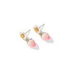 Pink Strawberry Flower Drop Earrings - Cute Enamel Fruit & Floral Stud Drop Earrings for Women, 18K Gold Plated Dainty Aesthetic Jewelry