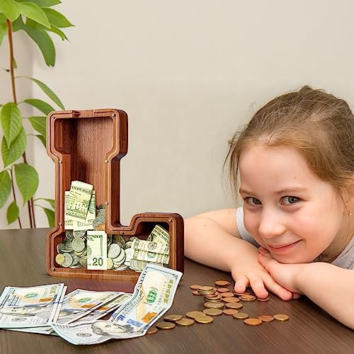 Summidate Customized Name Extra Large Wooden Piggy Bank for Kids Boys Girls Alphabets Letter A-Z Coins Bills Money Change Saving Box Clear Cover (Laser Engraved) Educational Toys 12"- Letter L