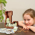 Summidate Customized Name Extra Large Wooden Piggy Bank for Kids Boys Girls Alphabets Letter A-Z Coins Bills Money Change Saving Box Clear Cover (Laser Engraved) Educational Toys 12"- Letter L