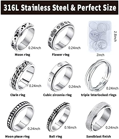MUCAL Fidget Rings for Anxiety 8pcs Stainless Steel Spinner Ring Anti Anxiety Ring Spinning Moon Star Cool Stress Relieveing Rings for Women Men