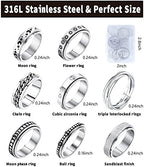 MUCAL Fidget Rings for Anxiety 8pcs Stainless Steel Spinner Ring Anti Anxiety Ring Spinning Moon Star Cool Stress Relieveing Rings for Women Men