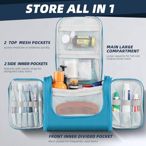 Buruis Large Capacity Toiletry Bag for Women and Men, Hanging Toiletry Organizer Cosmetics Makeup Bag, Water-resistant Dopp kit Shaving Bag for Full Sized Toiletries, Travel Essentials (Light Blue)