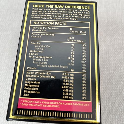 Organic Honey Packets Made in USA – Raw Honey with Premium Royal Jelly, Pure Bee Pollen & Potent Herbal Complex – Elite Men's Vitality & Stamina Boost – 16 Sachets (14g each)