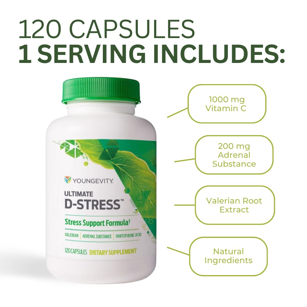 Youngevity Ultimate D-Stress™ – Natural Stress Relief Supplement with Magnesium, Valerian Root Extract, and B Vitamins – Supports Adrenal Health and Nervous System – 120 Capsules (Pack of 1)