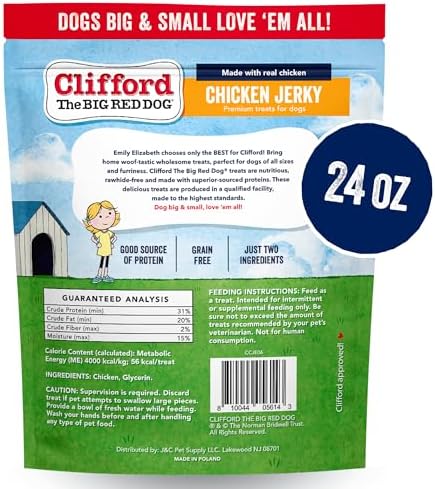 Clifford® Chicken Jerky Dog Treats | Healthy Dog Treats Small Dogs, Medium and Large Dogs | Real Chicken Jerky for Dogs, Grain Free, Rawhide Free Dog Chews - Just Two Ingredients (24oz)