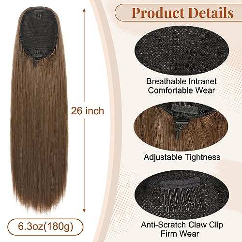 FLUFYMOOZ ponytail extension, 26 Inch Long Straight Drawstring Ponytail Synthetic Hairpieces Fake Pony Tails Natural Soft Clip in Hair Extension ponytail for Women (Medium Brown with Medium Auburn)