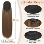 FLUFYMOOZ ponytail extension, 26 Inch Long Straight Drawstring Ponytail Synthetic Hairpieces Fake Pony Tails Natural Soft Clip in Hair Extension ponytail for Women (Medium Brown with Medium Auburn)