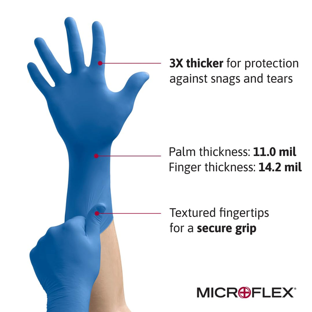 Ansell MICROFLEX SafeGrip SG-375 Extra Thick Disposable Latex Gloves for Life Sciences, Automotive w/Textured Fingertips - Large, Blue (Box of 50)