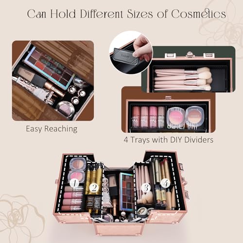 FRENESSA Makeup Train Case Cosmetic Box Portable Makeup Case Organizer 4 Trays Travel Case Storage with Dividers Lockable for Makeup Artist, Crafter, Makeup Tools Rose Gold Floral