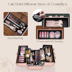 FRENESSA Makeup Train Case Cosmetic Box Portable Makeup Case Organizer 4 Trays Travel Case Storage with Dividers Lockable for Makeup Artist, Crafter, Makeup Tools Rose Gold Floral