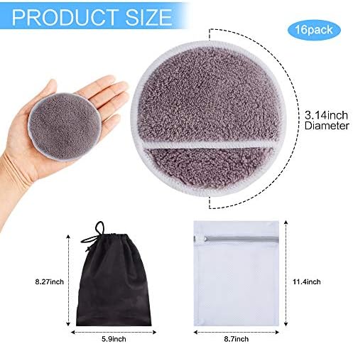 SUNLAND Reusable Makeup Remover Pads for Face,Eye,Lips 16 Pack Microfiber Face Cleansing Gloves Washable with Laundry Bag and Travel Bag Rounds Toner Pads (Round 3.15inchx16, dpurple)