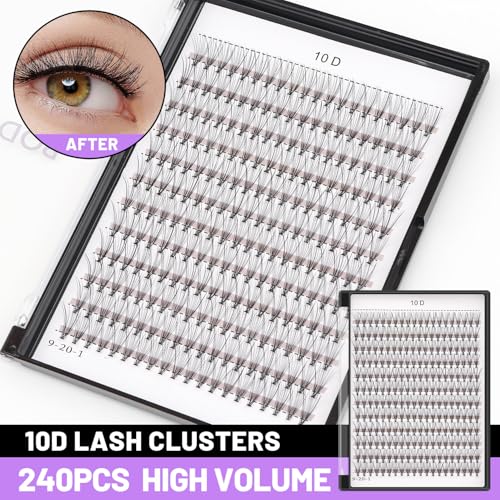 Bodermincer Black/Colored Cluster Lashes 240pcs 20D/40D DIY Eyelash Extension D Curl Long Individual Lashes Mixed Tray Faux Mink Lash Clusters Extensions 8-22mm (10D-10mm)