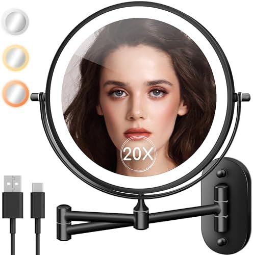 Wall Mounted Makeup Mirror with Light, 20X/1X 8'' Double Sided LED Magnifying Bathroom Lighted Vanity Mirror with Magnification, 3 Color Light up Touch Dimmable Extended Arm 360 Rotation