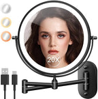 Wall Mounted Makeup Mirror with Light, 20X/1X 8'' Double Sided LED Magnifying Bathroom Lighted Vanity Mirror with Magnification, 3 Color Light up Touch Dimmable Extended Arm 360 Rotation