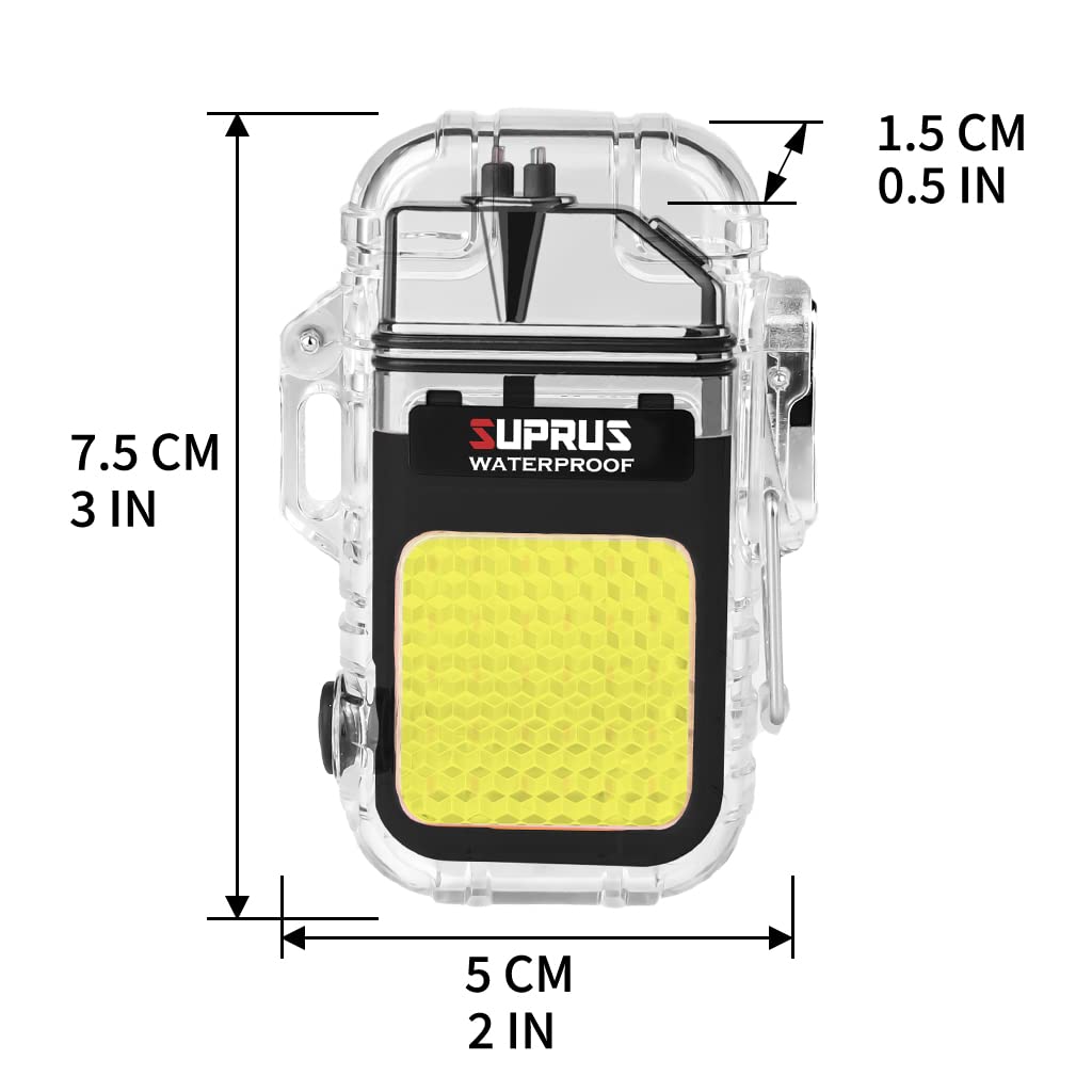 SUPRUS Waterproof 3 Modes of Flashlight Windproof Lighter Dual Arc Electric Rechargeable Dual Arc Plasma Lighter with Survival Emergency Whistle and Lanyard (Black, 2Packs)