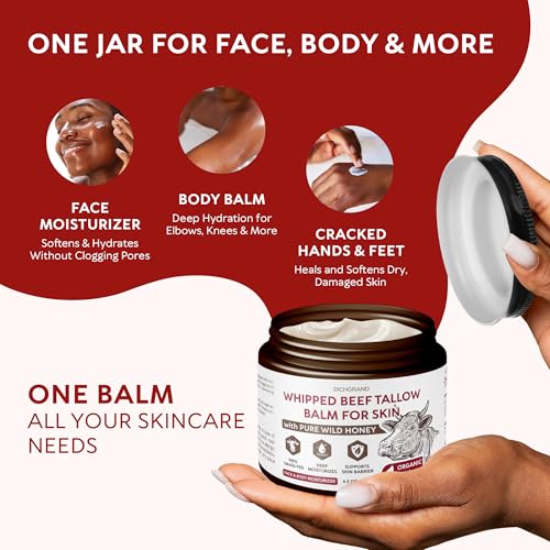 Beef Tallow for Skin - Whipped Grass-Fed Moisturizer with Wild Honey & Beeswax, Natural Face & Body Care, Deep Hydration, Anti-Aging, Sensitive Skin Safe, 100% Organic Balm