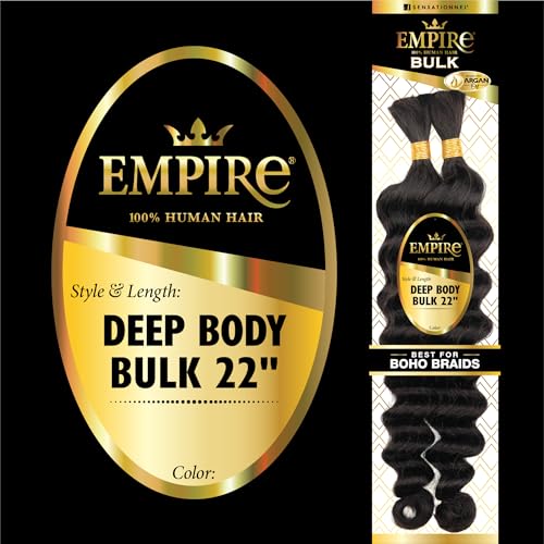 Sensationnel Empire bulk braiding – deep body human hair braids for knotless boho box or curly loose wave styles - 1 pack (22 inch, 1 JETBLACK)