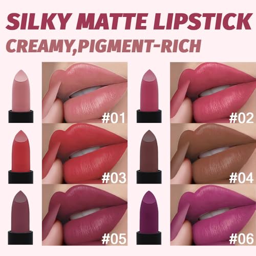 6 Pcs Nude Pink Red Purple Brown Lipstick Matte Sets,Light to Dark Velvet Lipstick for Women Long Lasting Waterproof 24 Hours Lip Stick Lip Stain Makeup Gift Sets,labiales mate 24 horas originales