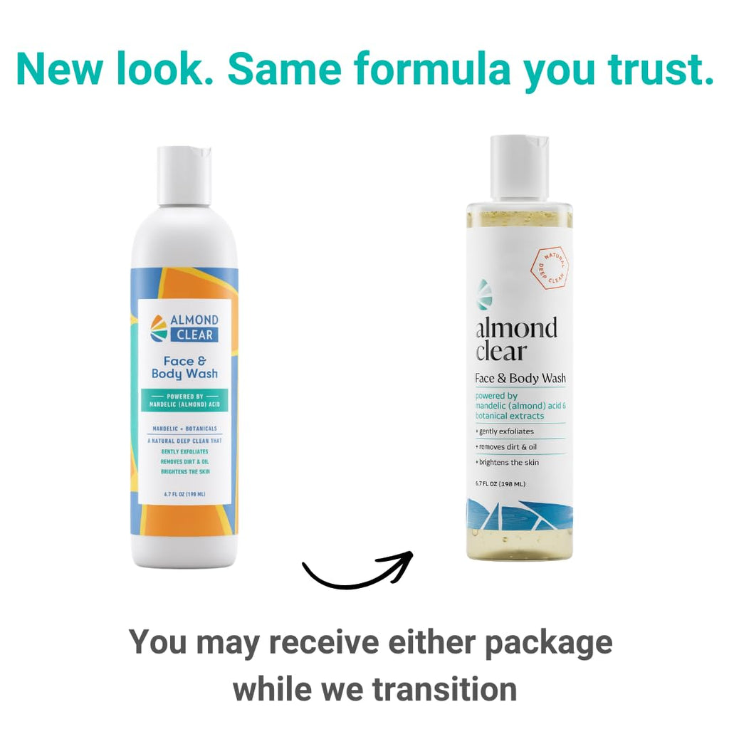 Almond Clear Face & Body Wash [6.7 Fl Oz] Skin Care for Acne and Folliculitis-Prone Skin - Gentle Everyday Exfoliating Cleanser with Mandelic Acid and Botanicals