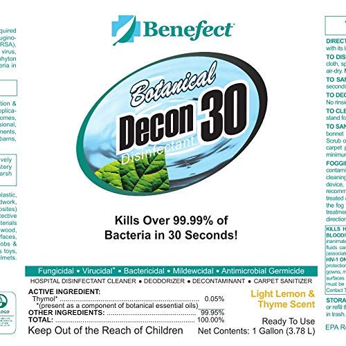 Benefect Botanical Decon 30 Disinfectant Cleaner - All Natural Formula for Effective Cleaning Power - Ideal for Restoration Jobs & Water Damage - 4 Gallons (4 Pack of 1-Gallons)