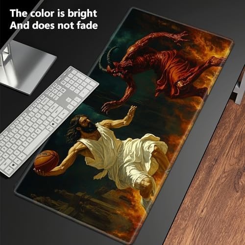 Playmats for Magic: The Gathering MTG Card Game Mat Plus 50 Pcs Card Sleeves, 24" x 14" TCG Mat with Stitched Edge for Commander Deck Duskmourn Board Game, Jesus Play Basketball with The Devil