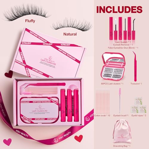Lash Clusters Kit with Bond and Seal Lash Clusters Left &Right Lash Extension Kit with Eyelid Wipes Remover Eyelash Brush Eyelash Extension Kit Gift Set with Drawstring Bag Portable Lash Starter