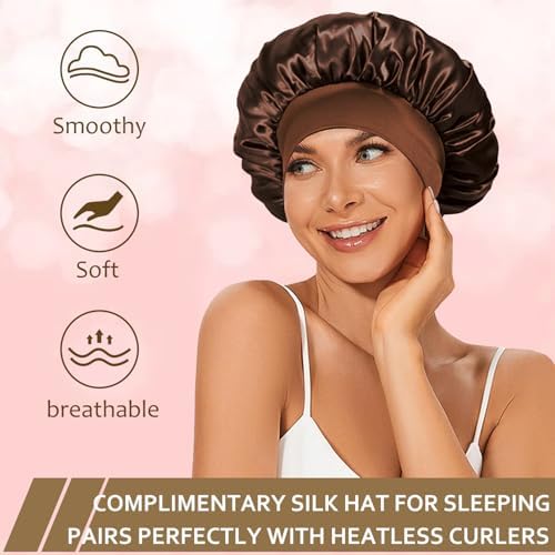 Satin Heatless Hair Curler, 16 Piece Set, Overnight Heatless Curls, Not easy to slip Heatless Curling Rod You Can Sleep In, Soft Silk DIY Hair Styling Tools Kit, Silk Bonnet for Sleeping-Brown