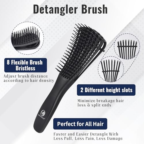 Hair Brush Set, Includes Detangling Brush, Classic 9 Row Brush, Wide Tooth Comb Brush, Hair Spray Bottle - For Women Men Kids Curly Hair