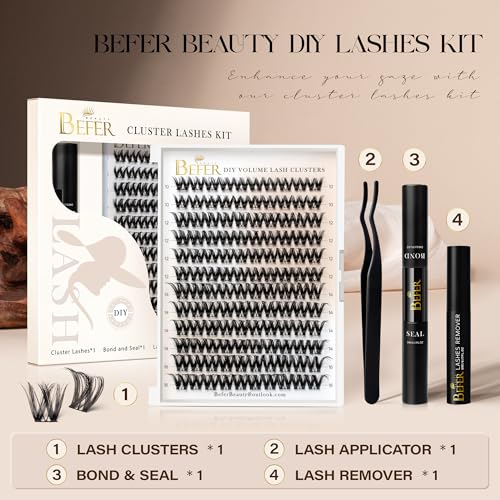 BEFER Lash Clusters Kit, 120 Pcs D Curl Eyelash Clusters Volume Individual Lashes Extensions 10-16MM Fluffy Cluster Eyelash Wispy Cluster Lashes DIY At Home(Seraphic,FD43,Kit)