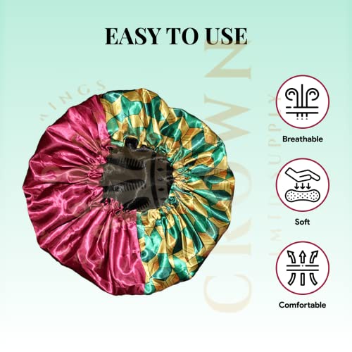 Red 2 Side Pattern Bonnet - Silky Designer Satin Bonnet with Elastic Soft Band Silk Slayer Corps (Burgundy Gold)