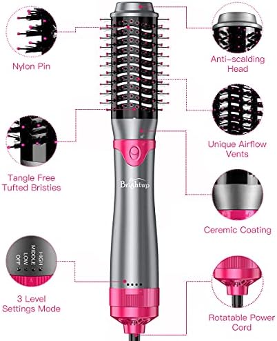 Brightup Blow Dryer Brush & Volumizer with Negative Ionic Technology, Detachable & Interchangeable Brush Head, Hair Dryer Brush for Curling, Smoothing & Styling, Heat Protective Glove Included