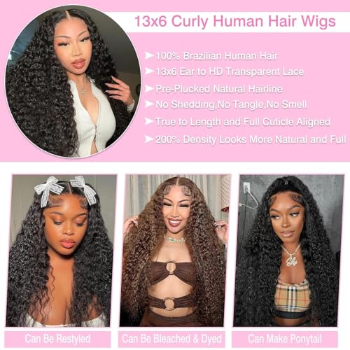 BVLBVL 32 Inch 13x6 Deep Wave Lace Front Wigs Human Hair Curly Human Hair Wig 200 Density HD Lace Frontal Curly Wig Human Hair