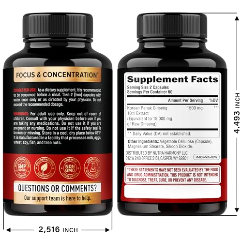 Panax Ginseng 15,000 mg - Red Korean Ginseng Supplement for Men - Extra Strength 10:1 Extract - Energy, Focus, Productivity & Performance - Natural & Vegan - Made in USA - 120 Capsules, 2 Month Supply