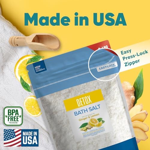 Detox Bath Salt 128 Ounces Epsom Salt with Natural Ginger and Lemon Essential Oils Plus Vitamin C in BPA Free Pouch with Easy Press-Lock Seal