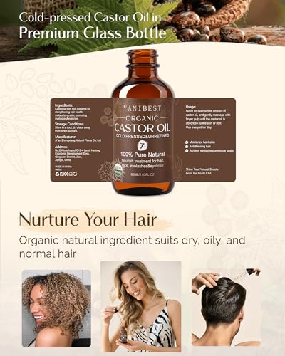 YANIBEST Organic Castor Oil, Cold Pressed Unrefined Glass Bottle, 100% Natural USDA Certified Castor Oil for Hair, Eyelashes, Face, Eyebrows, Scalp & Hair Strengthening Oil for All Hair Types