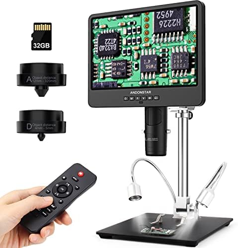 Andonstar AD249S-M 10.1 Inch HDMI Digital Microscope 2000x for Adults, 3 Lens 2160P UHD Video Record, Soldering Microscope for Electronics Repair, Error Coins, Pro Boom Arm Stand, Windows Compatible