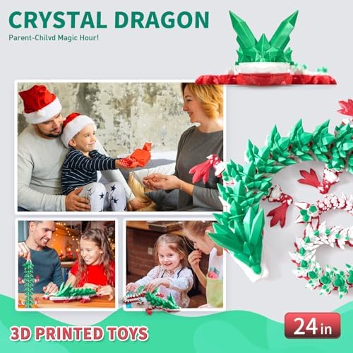 Large 3D Printed Dragon,24 Inch 3D Dragon Toys,Bigger Fidget Crystal Animals Toys, 3D Printed Articulated Animals for Home Office Car Desk Decor(Green White Red.24inch)