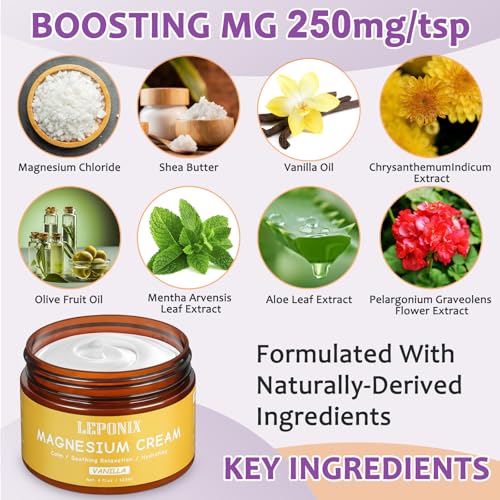 LEPONIX Magnesium Cream for Sleep, Magnesium Body Butter, Leg Cramps & Pain, Muscle Relaxation, Magnesium Lotion for Sleep, Magnesium Balm for Men Women, Safe for Kids (120ml, Vanilla)