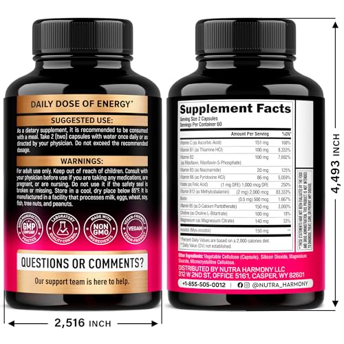 Vitamin B Complex for Men & Women - Made in USA - B-Complex: B1, B2, B3, B5, B6, B7, B8, B9, B12 with Vitamin C, Choline, Inositol - Energy, Brain & Heart Support Supplement, 120 Vegan Capsules