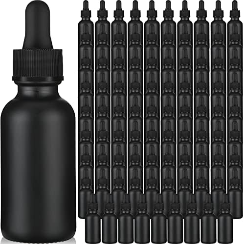 Epakh 100 Pieces Black Dropper Bottles 1oz Glass Bottles Bulk Round Bottles with Droppers and Hats 30ml Glass Dropper Bottles for Essential Oils Lab Tinctures Medicine Perfumes