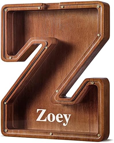 Summidate Customized Name Large Wooden Piggy Bank for Kids Boys Girls Alphabets Letter A-Z Coins Bills Money Change Bank Box Initial on Clear Cover (Laser Engraved) (Alphabet-Z, Personalized-12)