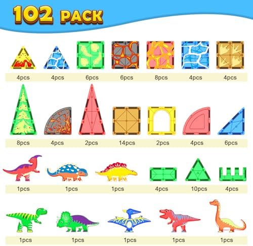 102PCS Dinosaur Toys Magnetic Tiles with 8 Dinosaurs for Kids 3-5 5-7, Jurassic Scenes Dinosaur World Set, Magnetic Blocks Kids Sensory Toys for Boys & Girls Ages 3+, Classroom Must Haves