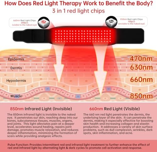 Red Light Therapy for Body, 660nm&850nm Red Light Therapy Belt, 5 Gears 9 Timers Remote Control, Near Infrared Light Therapy Belt Wrap with Pulse for Back Waist Muscle Pain Relief
