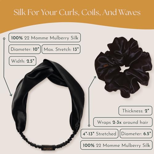 Real Mulberry Silk Scrunchie & Headband Bundle | Extra Large Silk Scrunchie & Elastic Silky Head Band for Thick, Curly Hair | (Onyx Black)