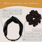 Real Mulberry Silk Scrunchie & Headband Bundle | Extra Large Silk Scrunchie & Elastic Silky Head Band for Thick, Curly Hair | (Onyx Black)