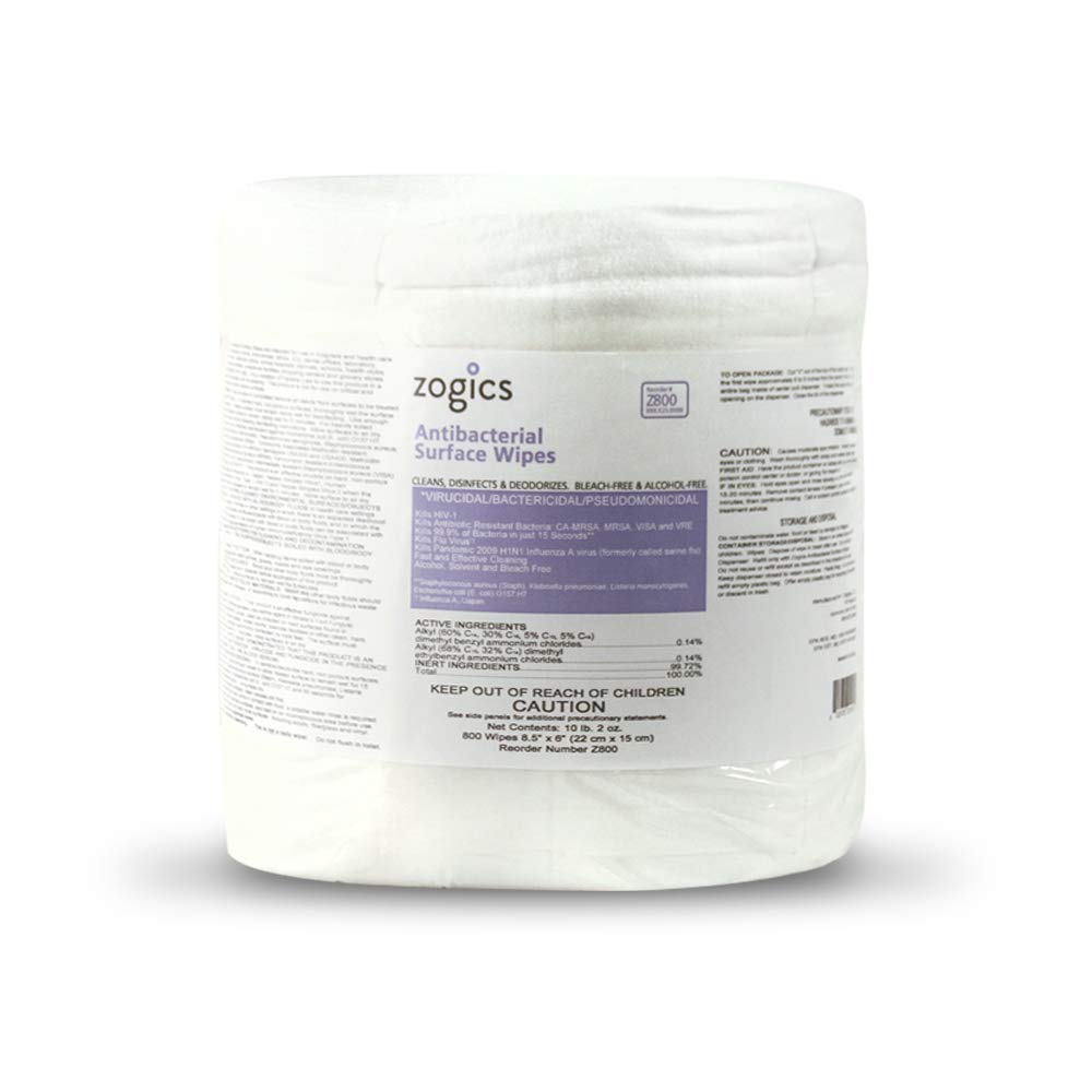 Zogics Antibacterial Wipes, EPA Registered Surface and Gym Equipment Disinfecting Wipes (800 Wipes) + Reusable Wipe Bucket Dispenser