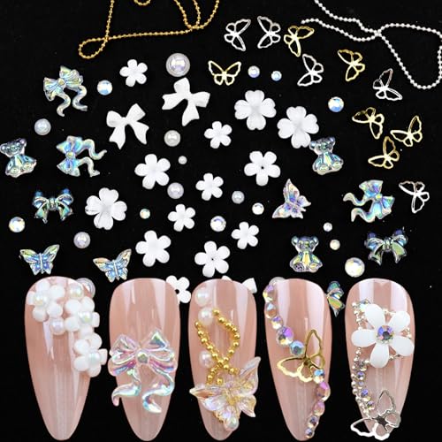Flatback Nail Art Pearls Flower Bow Nail Charms with Nail Rhinestones Glue Gel Gold Silver Butterfly Nail Supplies Colorful Nail Pearls Rhinestones Gems for Women Acrylic Nail Decoratons